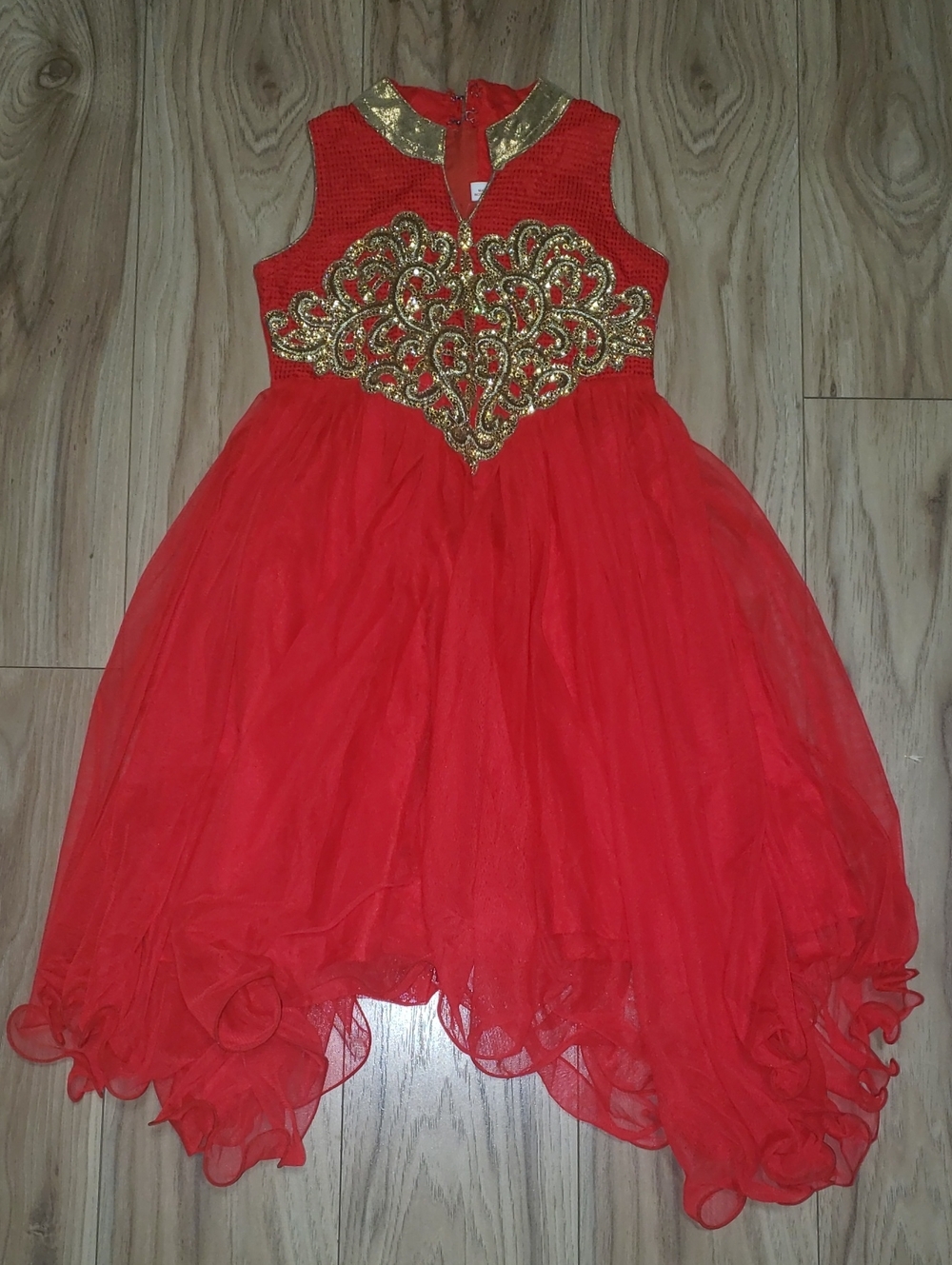 Red Girls Formal Dress with Gold Embroidered Bodice
